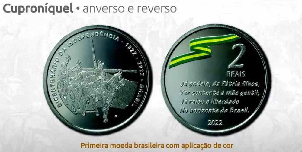 O BC (Banco Central) lançou nesta terça-feira (26) duas moedas comemorativas alusivas aos 200 anos da Independência do Brasil. Uma das moedas é de prata e a outra é de cuproníquel (liga de cobre e de 